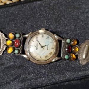 Peyote bird design sterling silver watch turquise and caberchon yellow and red